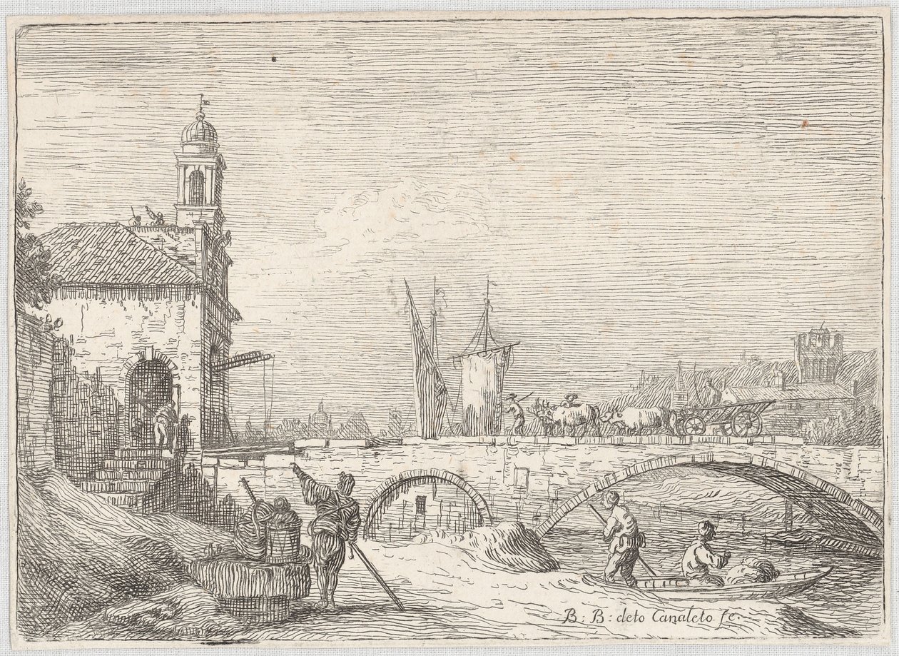 Capriccio, amelyen egy híd és egy kapuépület látható, a padovai Porta Portello stílusában alkotó: Bernardo Bellotto