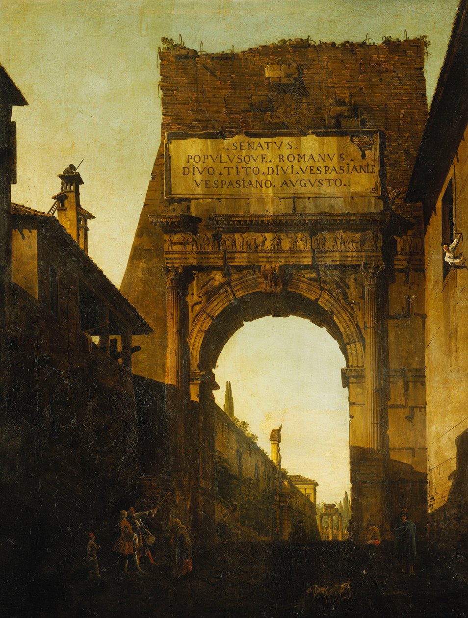 Titus diadalíve, Róma, a Farnese kertek falával és kapujával, valamint Castor és Pollux templomával az előtérben két turista, alkotó: Bernardo Bellotto