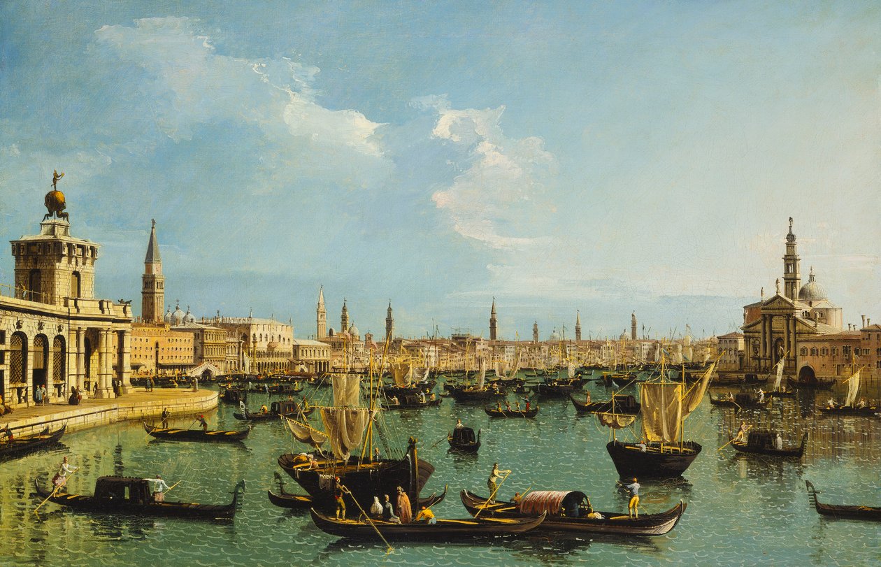 A Bacino di San Marco, Velence, a Giudecca-csatornától a Doganával, a Moloval, a Riva degli Schiavonival, a San Giorgio Maggiore templommal és számos hajóval, alkotó: Bernardo Bellotto