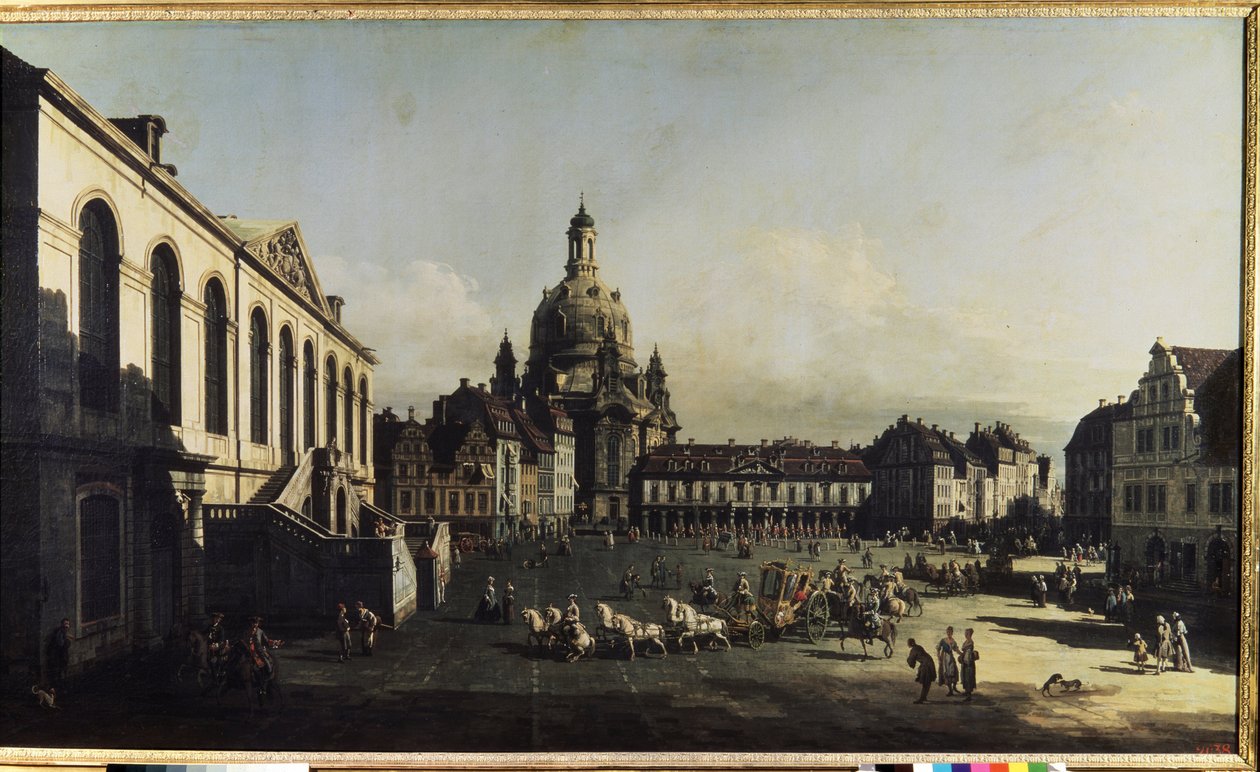 ""Kilátás a drezdai új piactérre"" (Drezdában Neumarkt) Megtekinthetjük a Szűzanya templomot (Notre-Dame) (Frauenkirche) Bernardo Bellotto (1720-1780) festménye 1747 Méret: 134x236 cm "Ermitázs, Szentpétervár (Szentpétervár) alkotó: Bernardo Bellotto