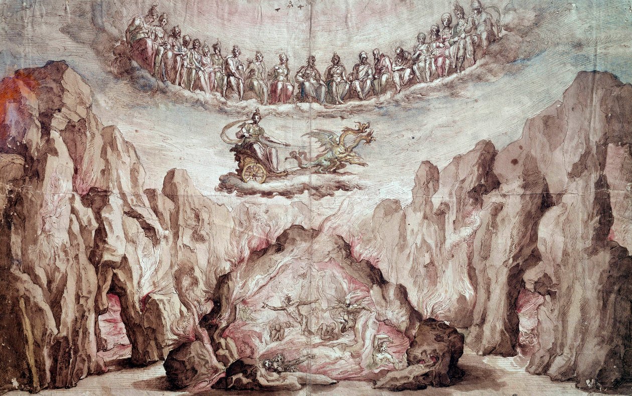 Projekt egy köztes, Le Tromphe de Circe dekorációjához és gépeihez. Bernardo Buontalenti dit delle Girandole rajza (kb. 1523-1608) V. 0,46x0,72 m. Párizs, Louvre Múzeum alkotó: Bernardo Buontalenti