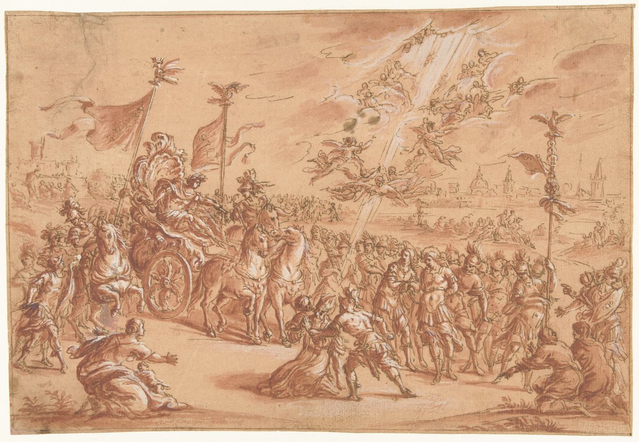 Egy szent püspök letérdel egy római császár körmenete mellett alkotó: Bernardo Castello (attributed to)
