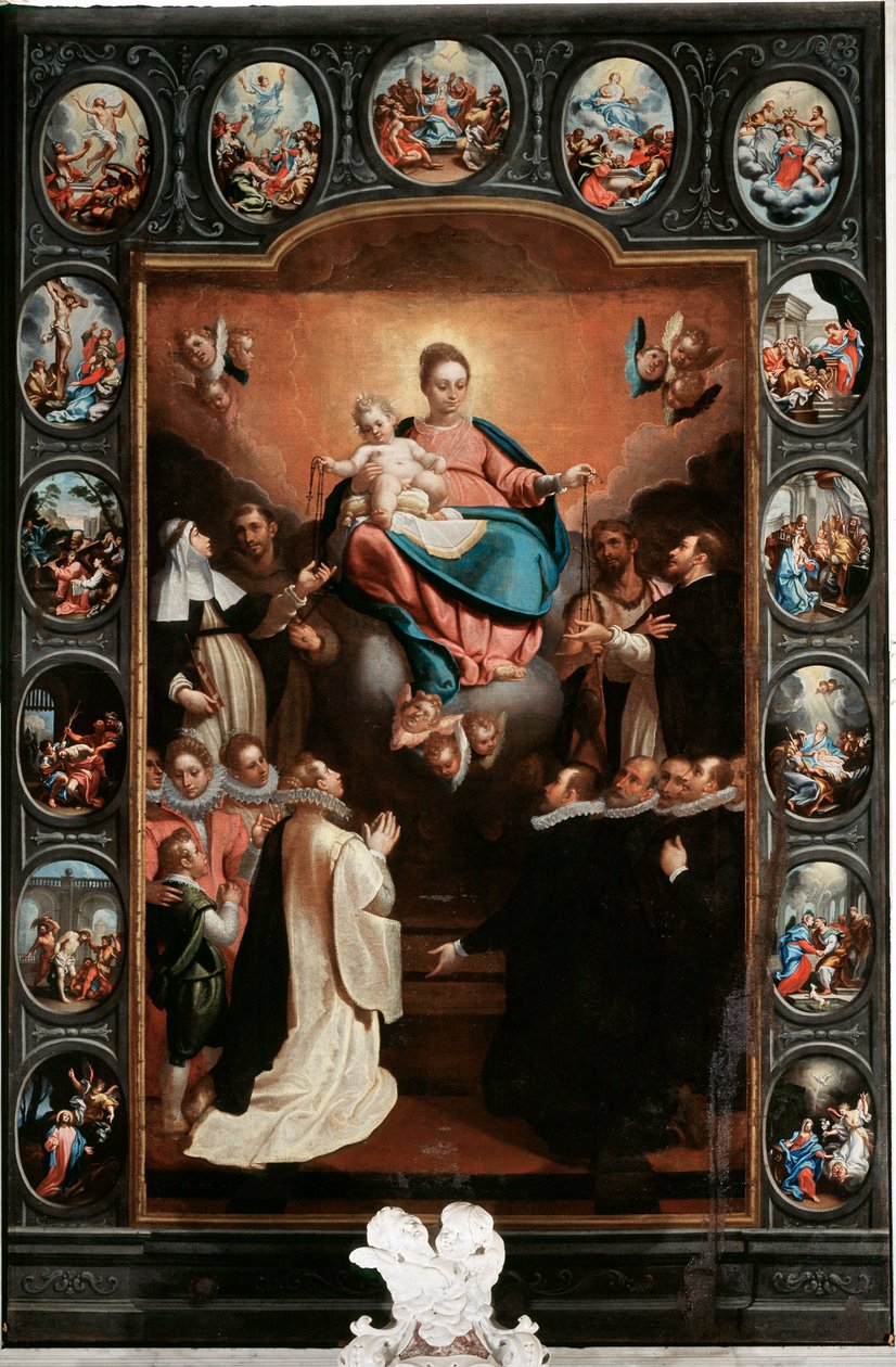 Szűz gyermekkel és a rózsafüzér titkai - Bernardo Castello (1557-1629) (középen) és Paolo Gerolamo Piola (1666-1724) festménye Santa Margherita Ligure, Santa Margherita templom Olaszország alkotó: Bernardo Castello