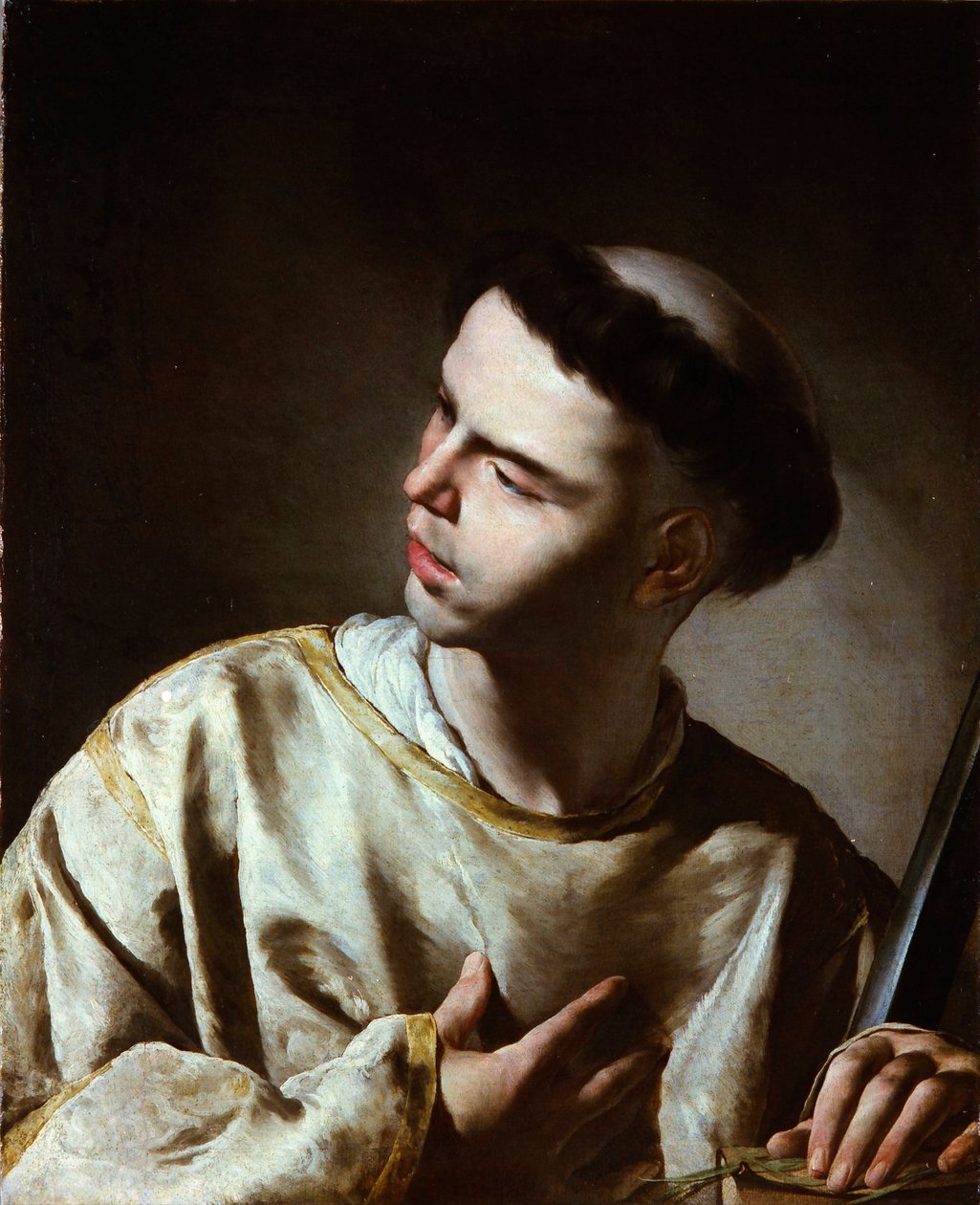 ""Saint Laurent"" (Szent Lőrinc) Bernardo Cavallino (1616-1656) festménye - 1640-es évek - Olaj, vászon - Mérete 65,5x53,5 cm Lazaro Galdiano Múzeum, Madrid alkotó: Bernardo Cavallino