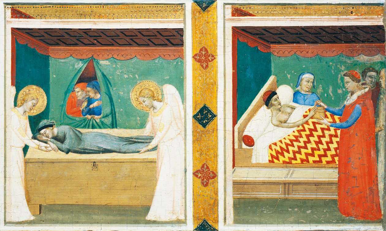 A Sacra Cintola (Szent Öv) Predella, Bernardo Daddi (1290-1348), Részlet két csempével alkotó: Bernardo Daddi