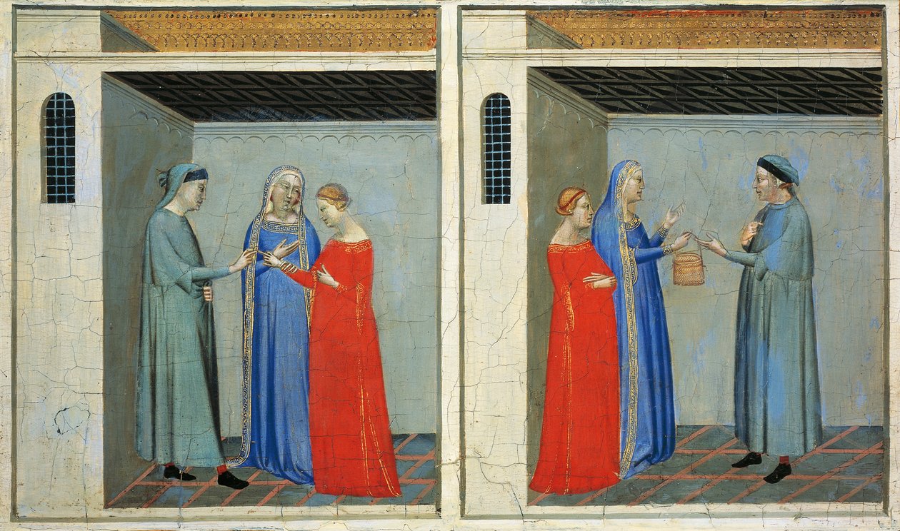 Predella Sacra Cintola történeteivel: Michael házassága, aki Sacra Cintola hozományát kapja, Bernardo Daddi (1290-1348) alkotó: Bernardo Daddi