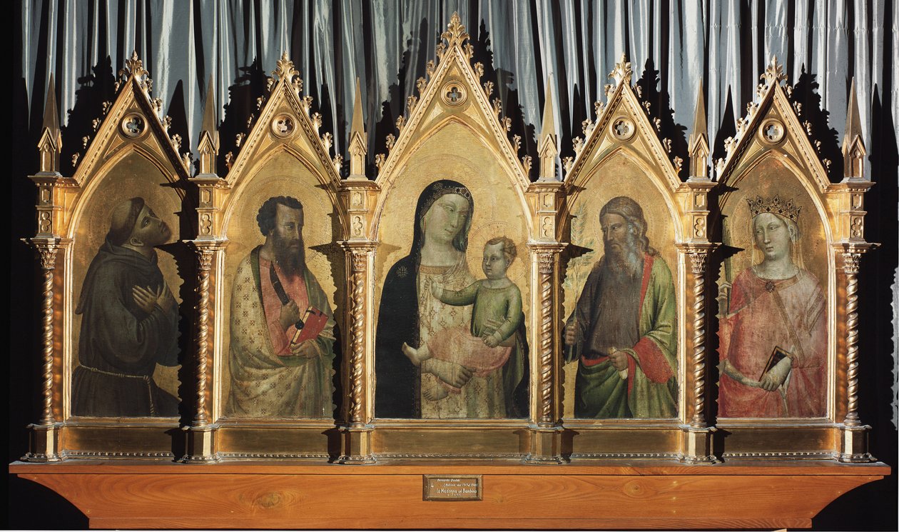 Szűz és gyermek szentekkel Ferenccel, Bertalannal, Szent Jánossal és Alexandriai Szent Katalinnal - tempera a táblán alkotó: Bernardo Daddi
