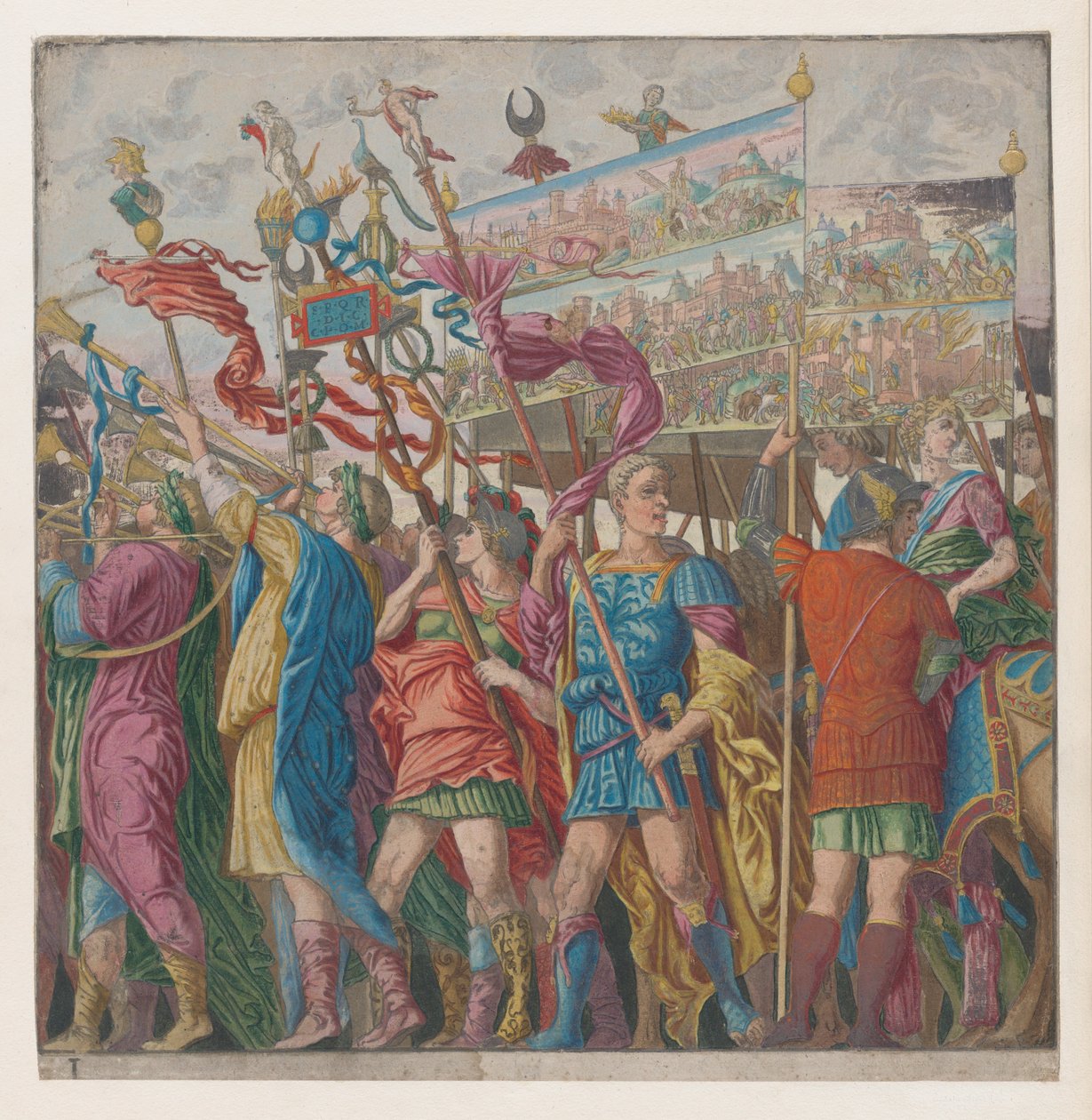 1. lap: Julius Caesar diadalmas katonai tetteit ábrázoló transzparenseket hordozó katonák,..., 1599. alkotó: Bernardo Malpizzi