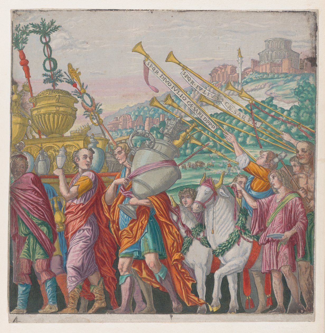 4. lap: Bal oldalon trófeákat vivő férfiak, jobb oldalon trombitások, Julius Ca... diadala, 1599. alkotó: Bernardo Malpizzi