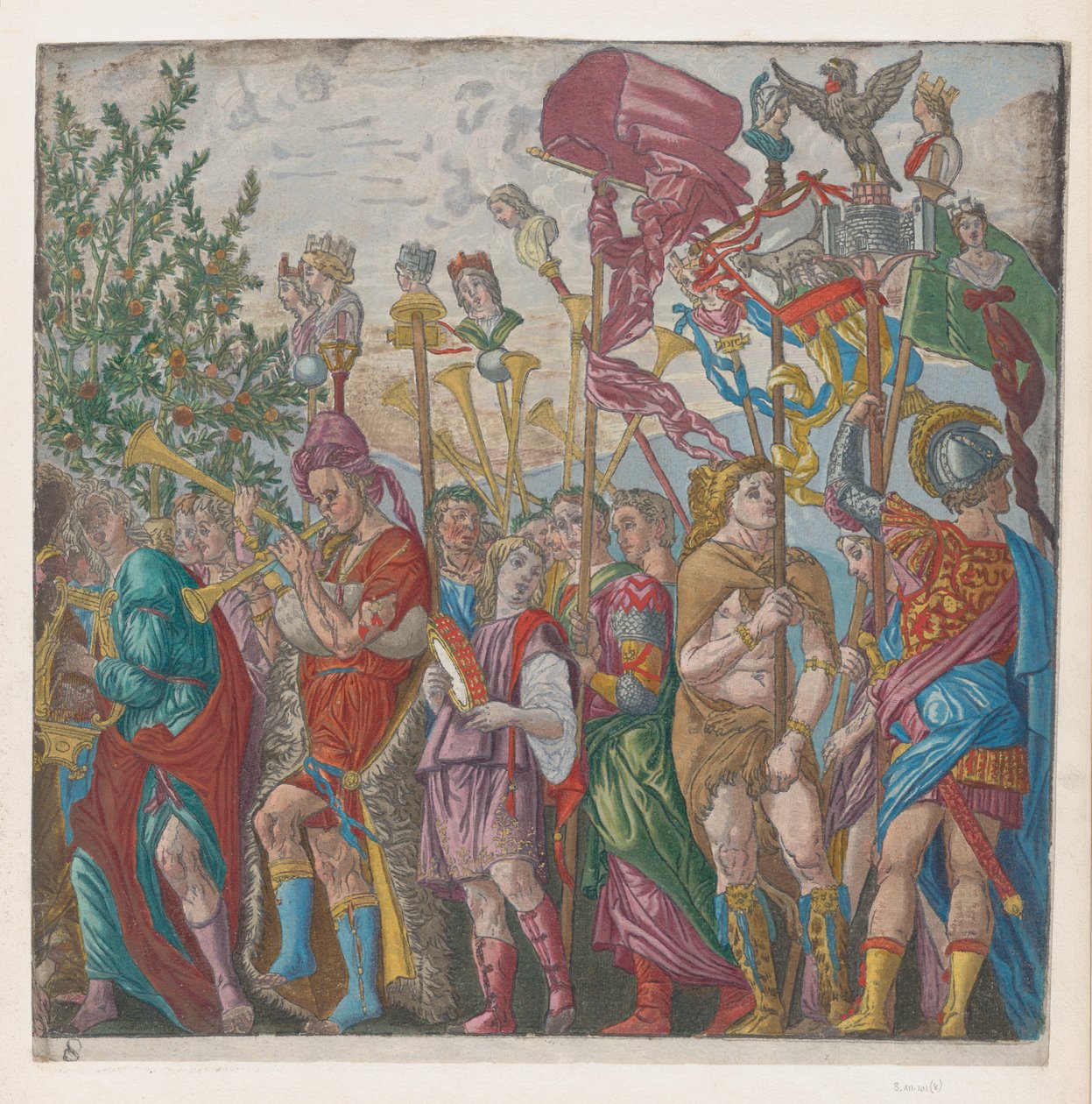 7. lap: Zenészek és mások etalont tartó felvonulása, Julius diadala..., 1599-ből. alkotó: Bernardo Malpizzi