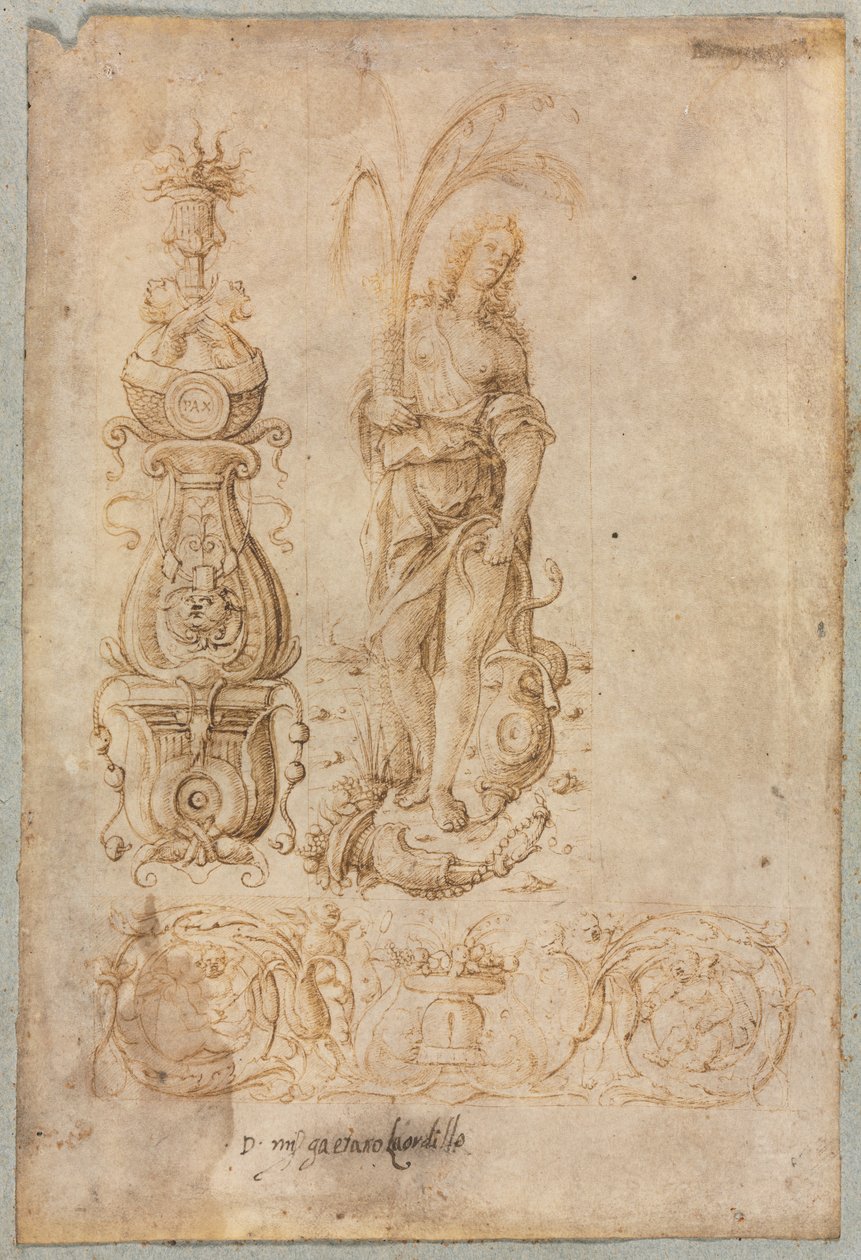 Tervezés kandeláberhez, A bőség allegorikus alakja, Díszdombormű-tervezés, c. 1490-es évek. alkotó: Bernardo Parentino
