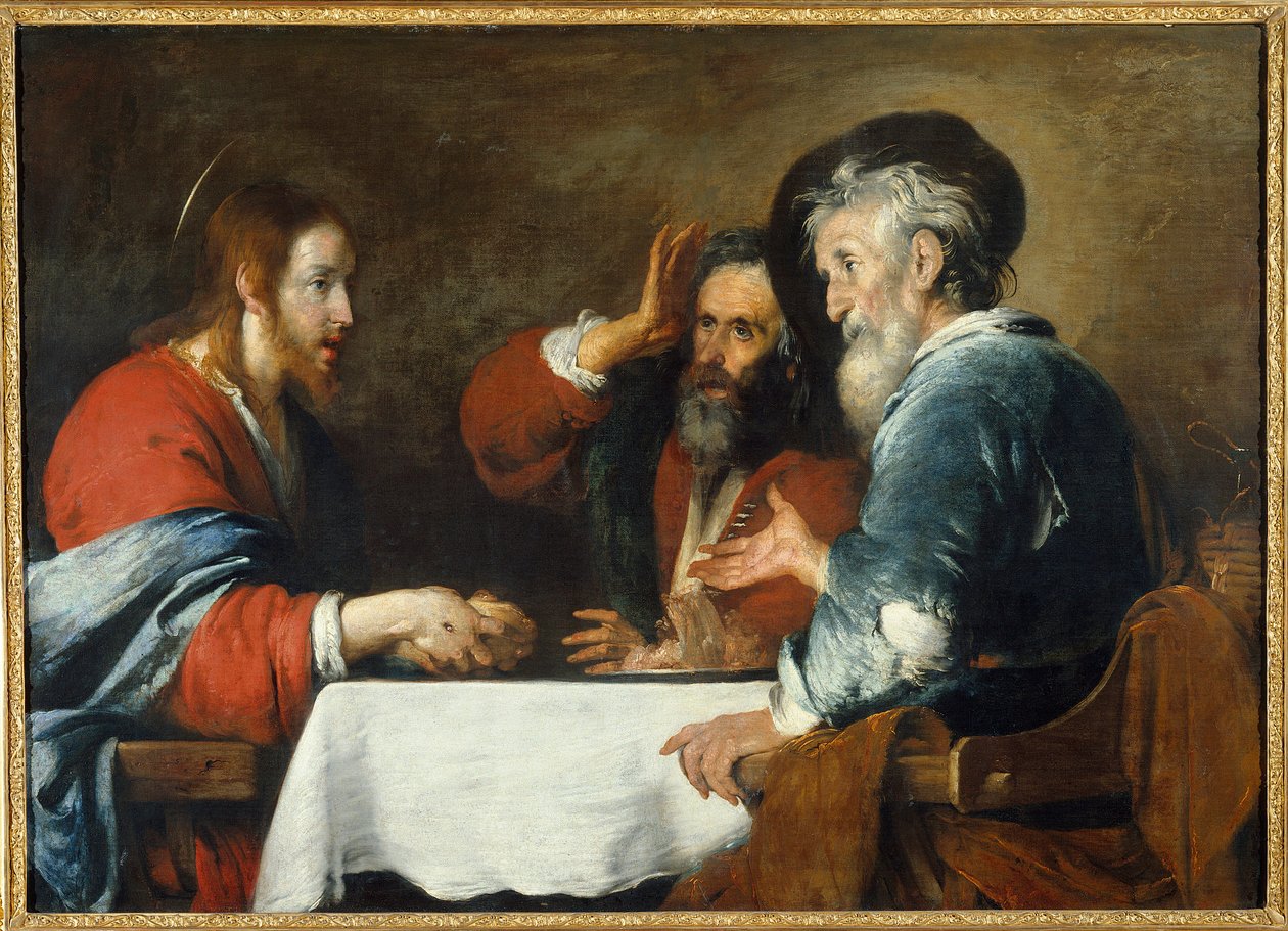 Krisztusnak van Emmausa Krisztus megjelenik a zarándokoknak, akik egy asztalnál ülnek egy emmausi fogadóban. Bernardo Strozzi (1581-1644) festménye 1640 V. 1,24x1,72 m Grenoble, Musee des Beaux Arts alkotó: Bernardo Strozzi