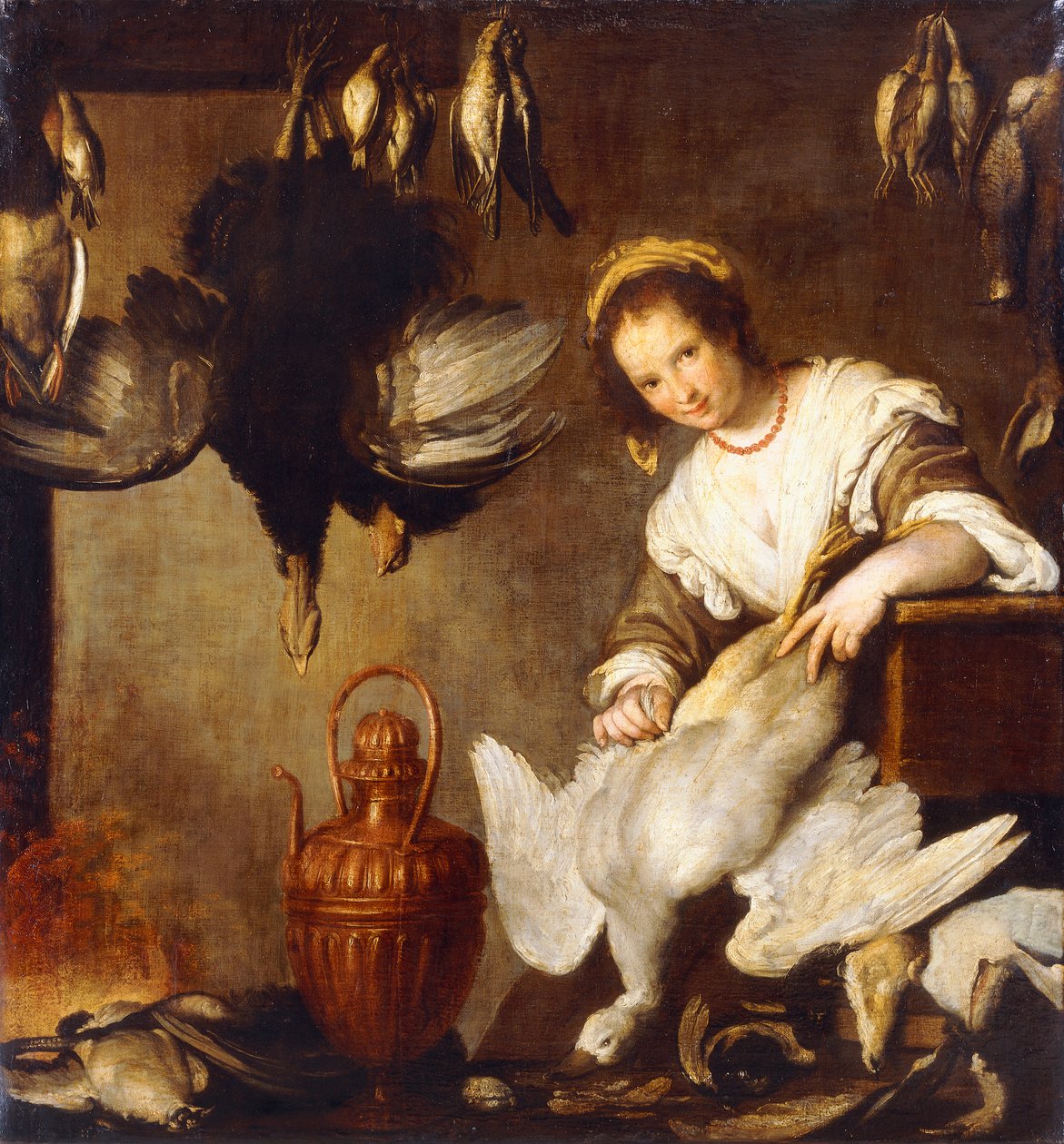 La Cuoca – Egy konyhalány, aki libát kopasztott egy belső térben, alkotó: Bernardo Strozzi