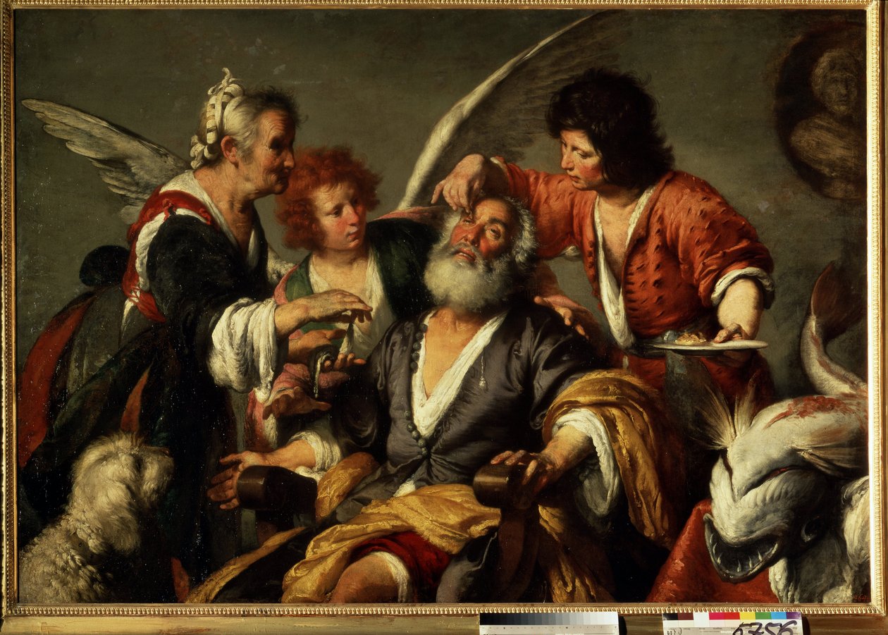 Tobit gyógyulása. Rafael arkangyal tanácsára az ifjú Tóbiás egy hal epét használja, hogy visszanyerje Tóbiás, az apja látását. Bernardo Strozzi (1581-1644) festménye. Olajfestmény alkotó: Bernardo Strozzi