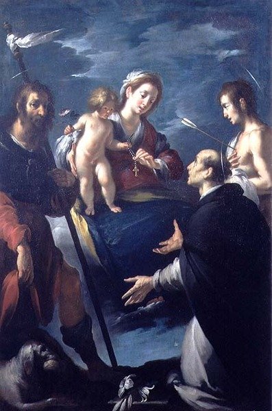 Rózsafüzér Madonna Szent Rókusszal, Szent Domonkosszal és Szent Sebestyénnel alkotó: Bernardo Strozzi