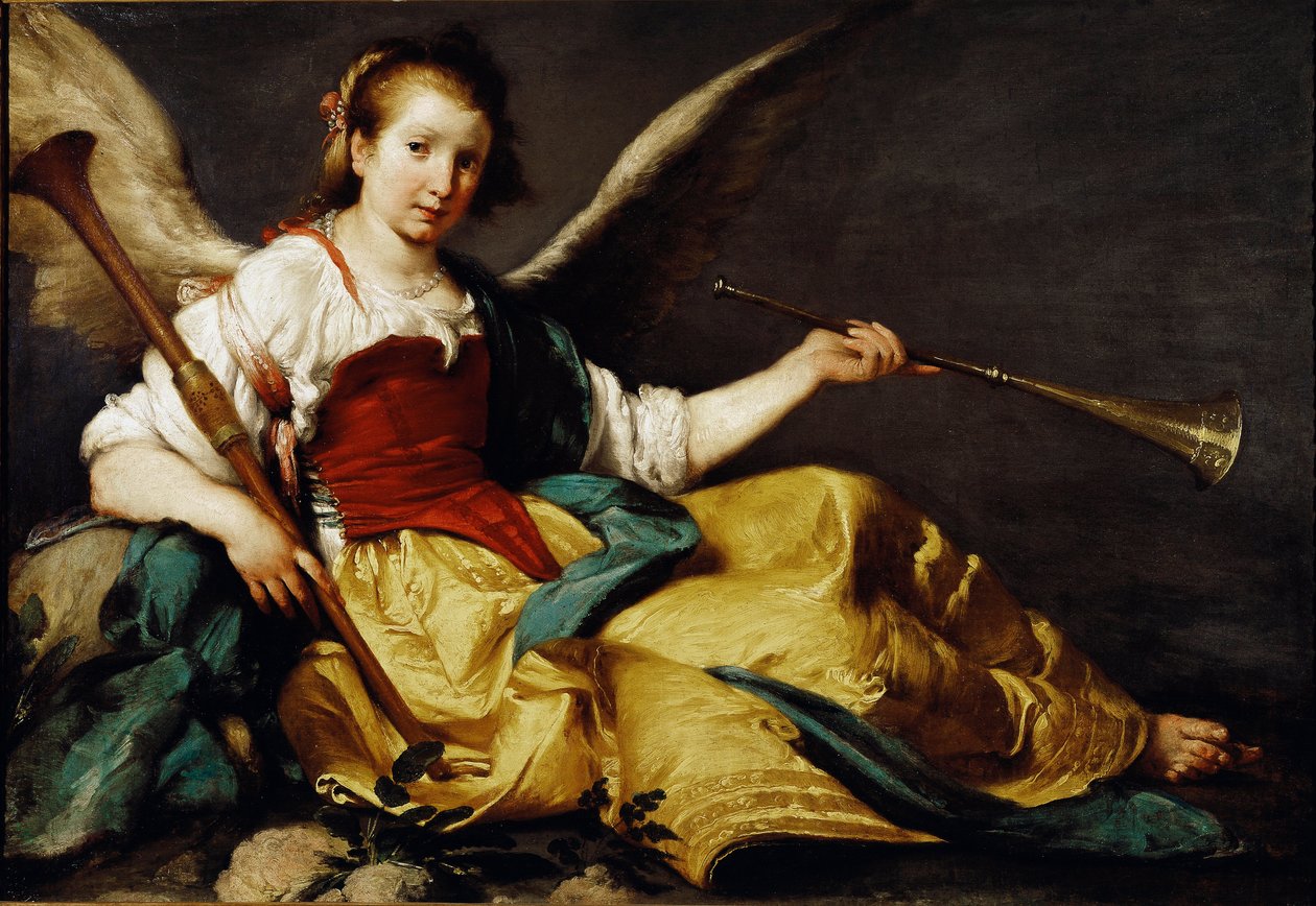 Az Átnevezés allegóriája Egy trombitát tart (bal kéz) és egy fa chalemie-t (jobb kéz). Bernardo Strozzi (kb. 1581-1644) festménye. 1535-1536 Dim. 106,7 x 151,7 cm National Gallery, London alkotó: Bernardo Strozzi