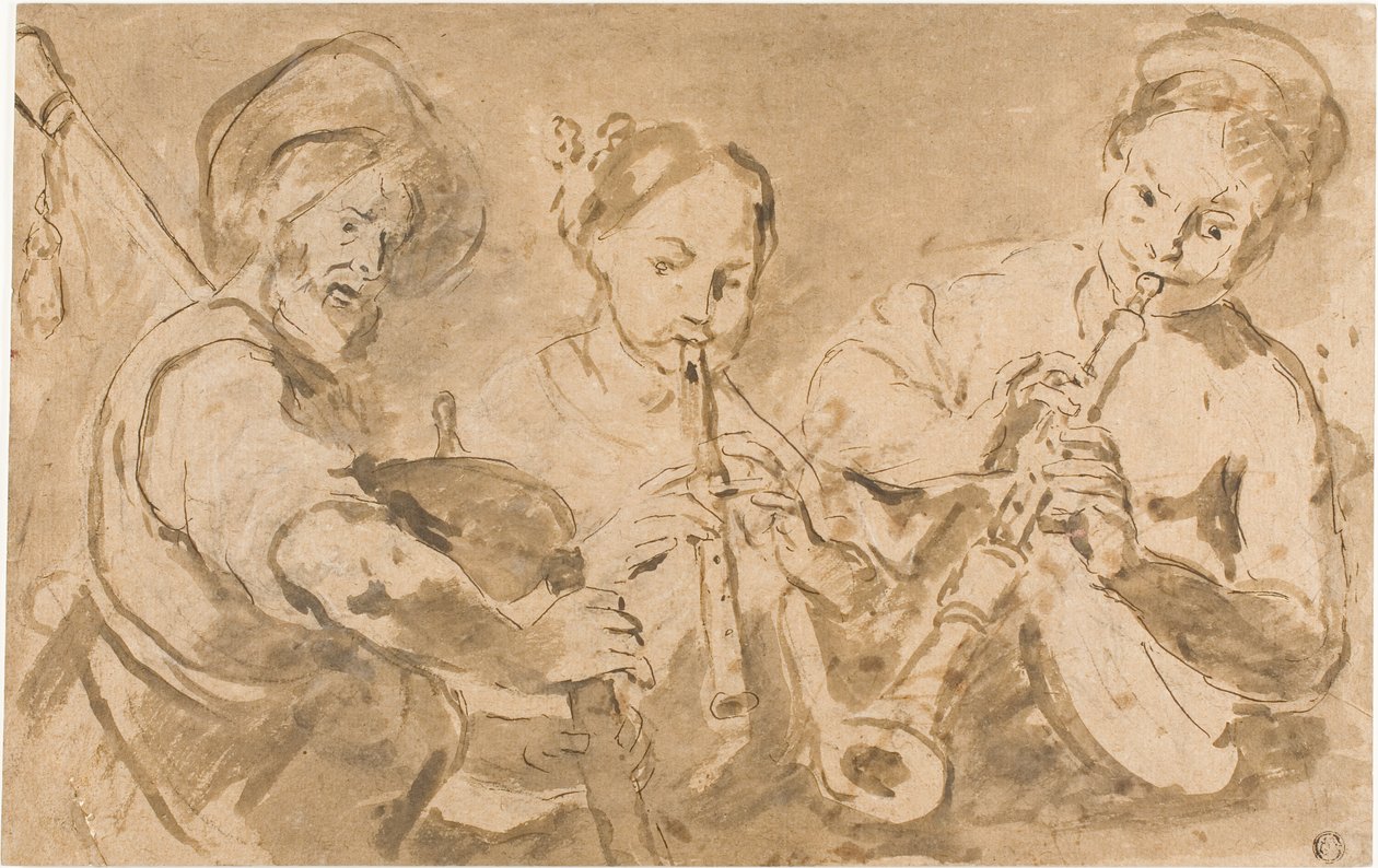 Három zenész játszik kürtön és dudán alkotó: Bernardo Strozzi