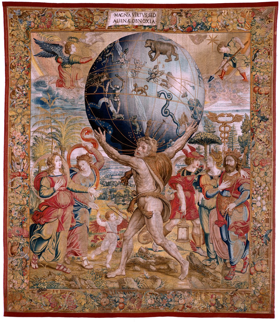 Flamand kárpit. A gömbök sorozat. Az égi szférát támogató Herkules (Hércules sostiene la esfera celeste). A sorozat első gobelinje. Barend van Orley vagy Pieter Coecke van Aelst modell. 1525-1530. Gyártás Joris Vezeleer (Georg Wezeler)?, B alkotó: Bernart van (attr. to) Orley
