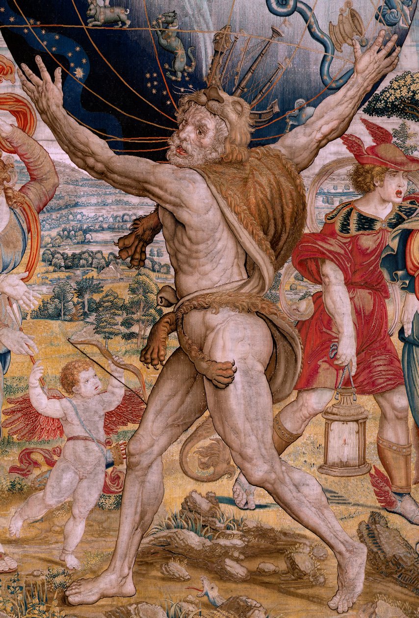 Flamand kárpit. A gömbök sorozat. Az égi szférát támogató Herkules (Hércules sostiene la esfera celeste). A sorozat első gobelinje. Barend van Orley vagy Pieter Coecke van Aelst modell. 1525-1530. Gyártás Joris Vezeleer (Georg Wezeler)?, alkotó: Bernart van (attr. to) Orley