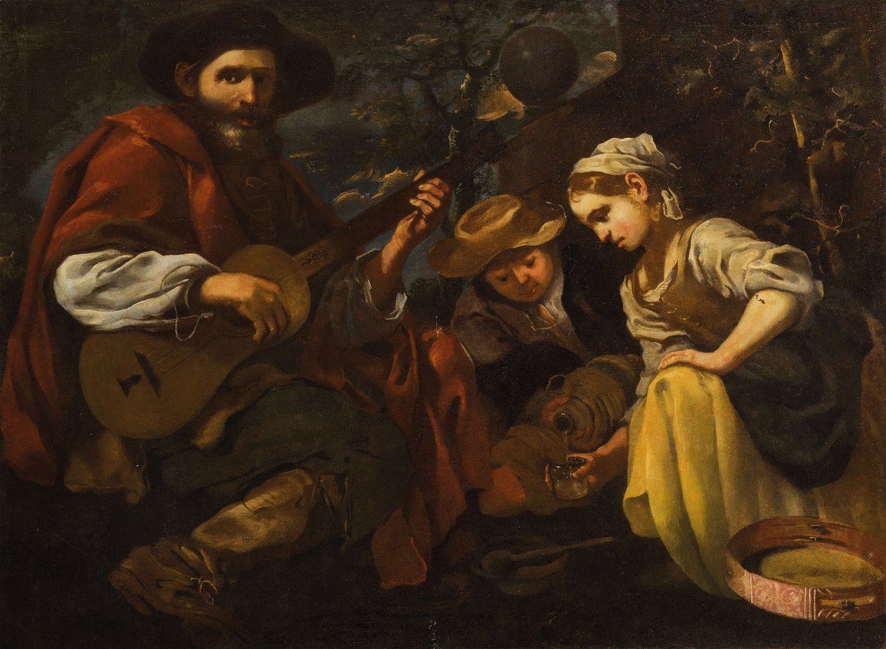 Gitáros fiúval és lánnyal (A hallás és az ízlés allegóriája) alkotó: Bernhard Keil