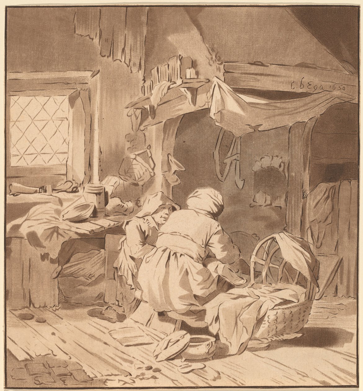 Egy parasztház belseje két nővel, 1772, 1787-ben jelent meg. alkotó: Bernhard Schreuder