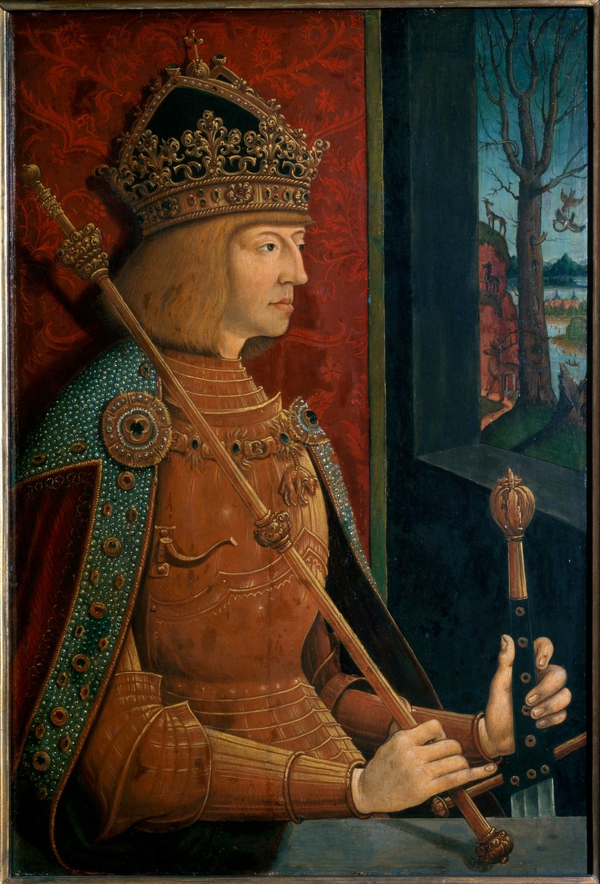 I. Maximilian császár koronával, jogarral és karddal alkotó: Bernhard Strigel