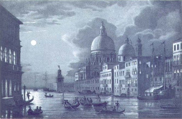 A Canal Grande és a Santa Maria della Salute éjszakai jelenete, Velence, Brizeghel metszet (litho) alkotó: Berselli (after)