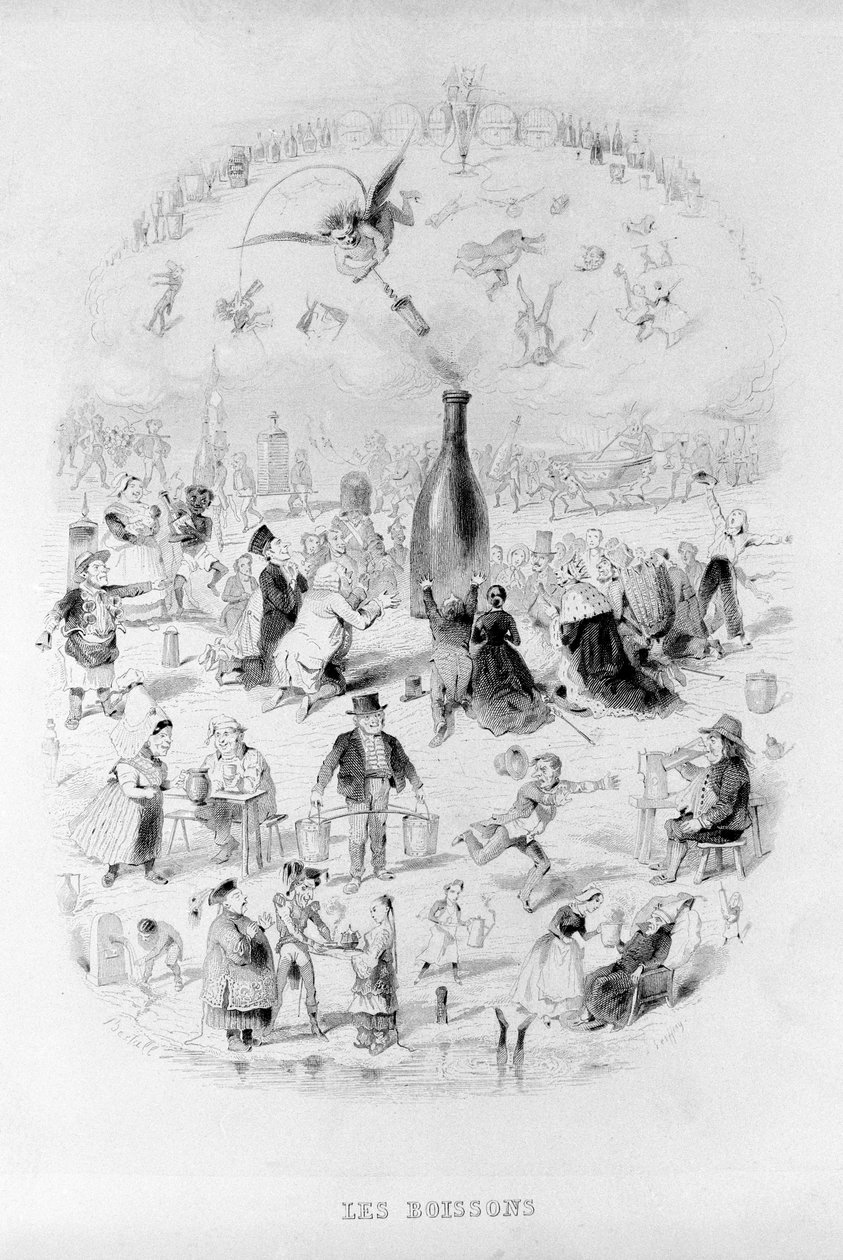 Italok: egy üveg bor és a különféle italok előtt imádkozó tömeg a Brillatban - Savarin, Bertall által illusztrálva. Párizs 1840.Jean Anthelme Brillat Savarin (Brillat-Savarin) (1755-1826) francia gasztronómus. alkotó: Bertall