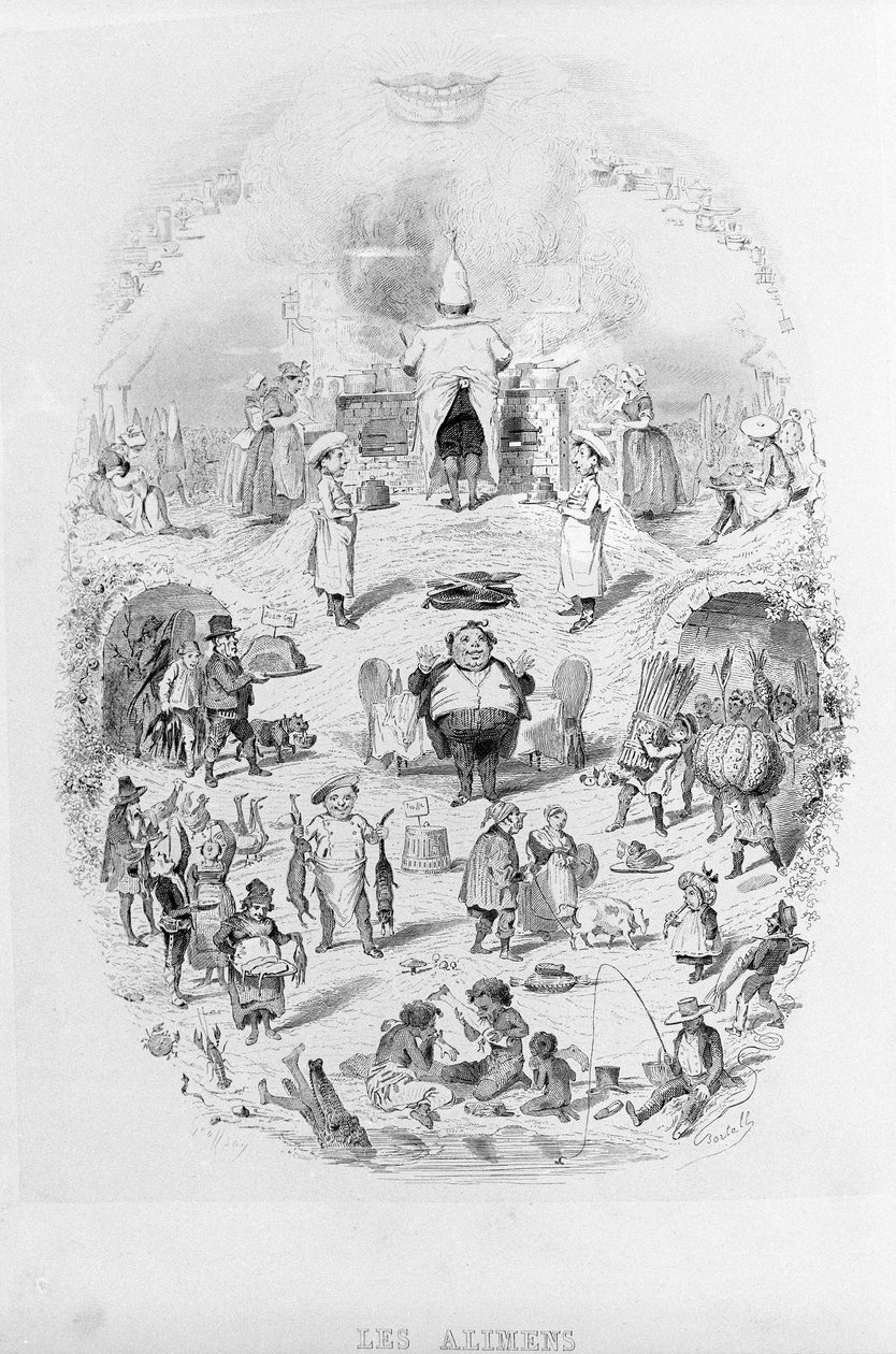 Ételek: főzés és különféle ételek elkészítési módjai a Brillatban - Savarin, Bertall illusztrálta. Párizs 1840. alkotó: Bertall