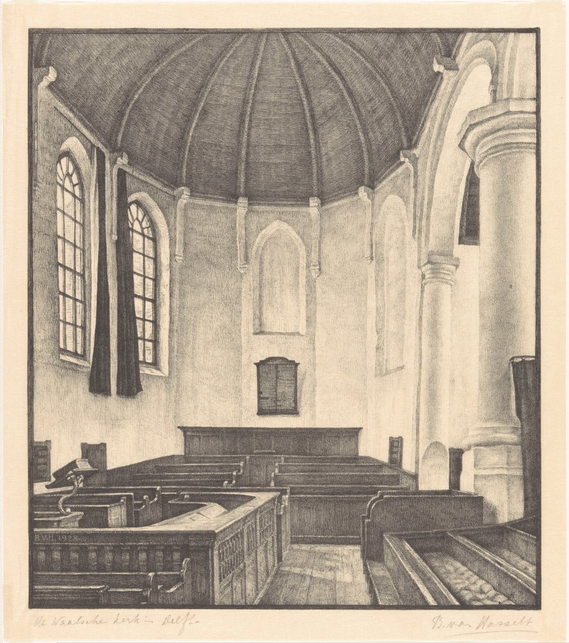 A Waalsche Kerk Delftben (eredeti cím az objektumon) alkotó: Bertha van Hasselt (signed by artist)