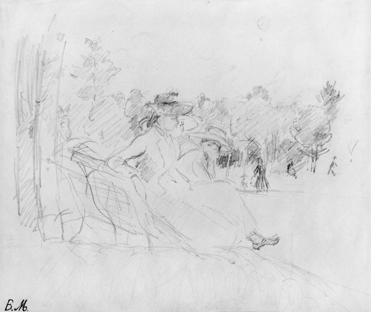 A Bois de Boulogne-ban, 1888 (fekete ólom a papíron) alkotó: Berthe Morisot