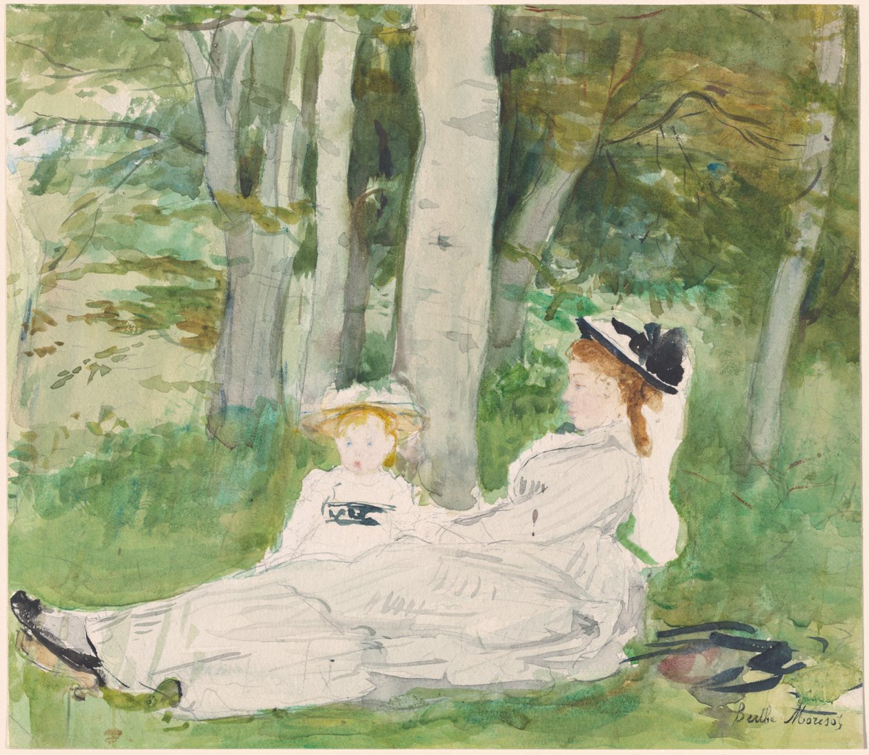 Az erdő szélén (Edma és Jeanne), 1872 körül (wc és grafit papíron) alkotó: Berthe Morisot