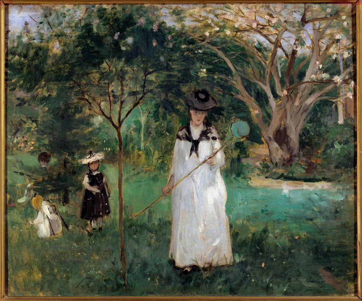 Pillangóvadászat Egy fiatal nő, aki pillangóhálót tart. Berthe Morisot (1841-1895) festménye 1874 V. 0,46x0,56 m Párizs, Muse d