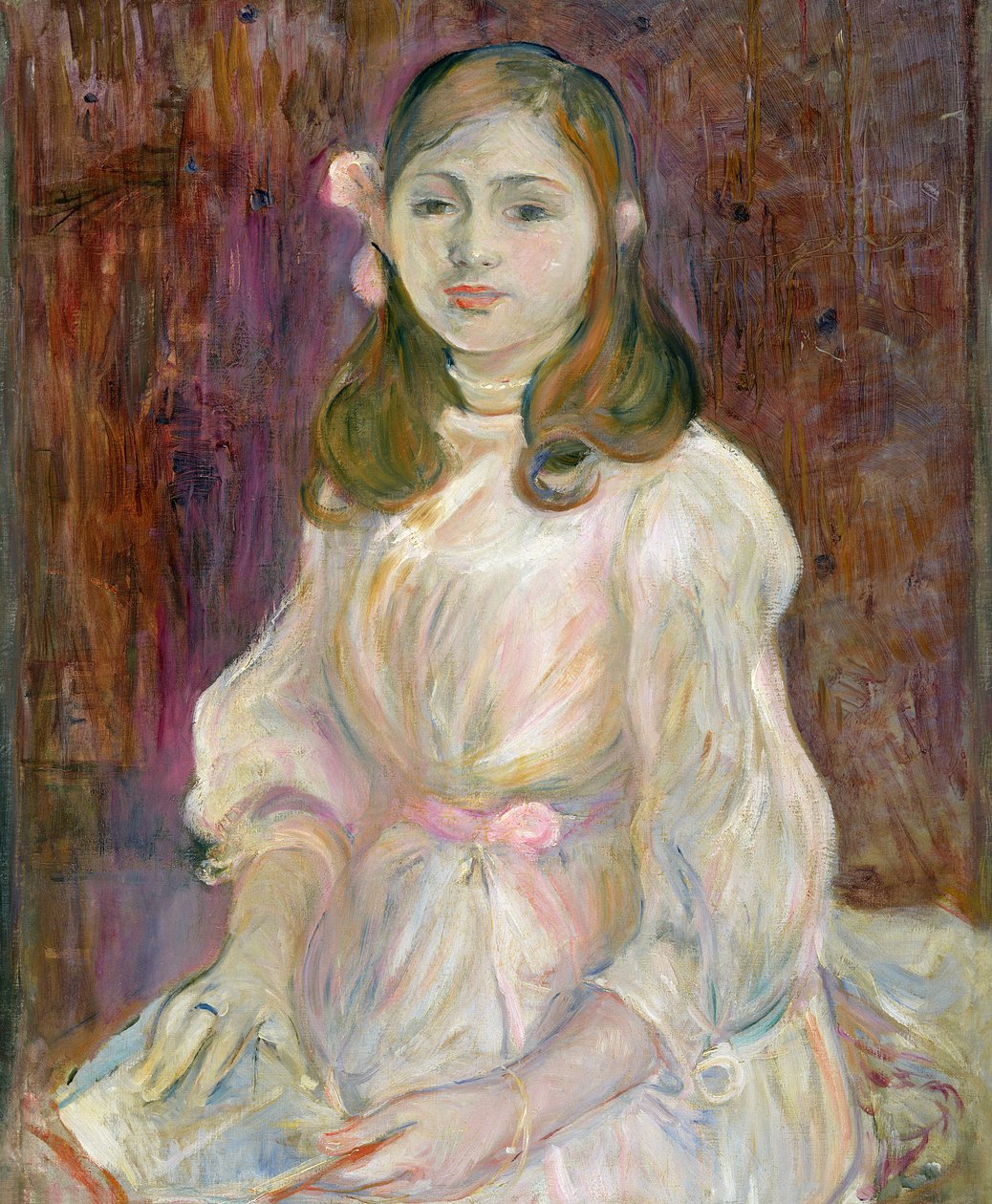 Julie Manet (1878-1966) portréja könyvet tartva, 1889 alkotó: Berthe Morisot