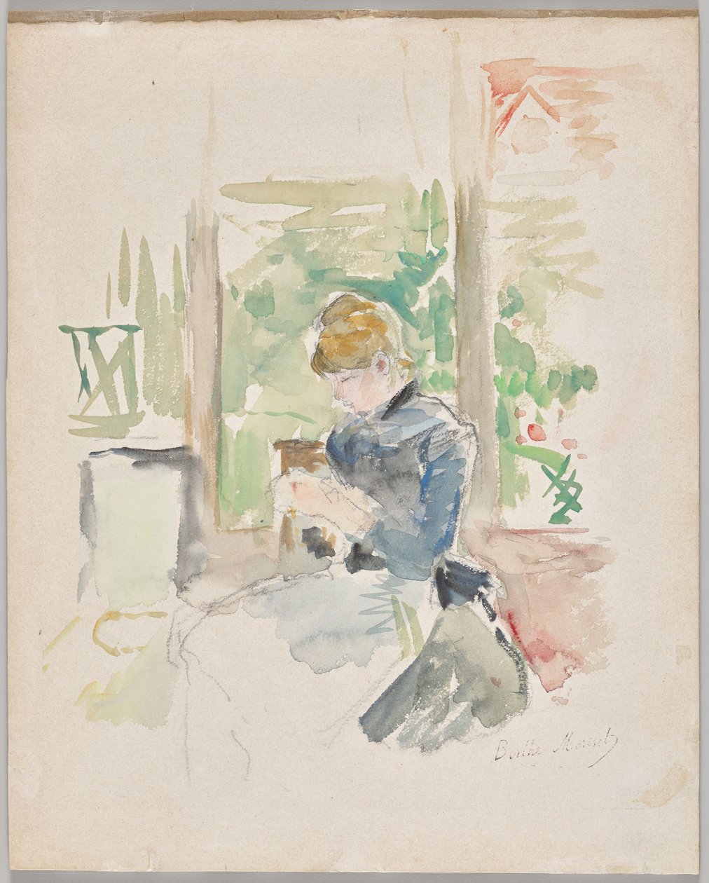 Varrás az ablak mellett alkotó: Berthe Morisot