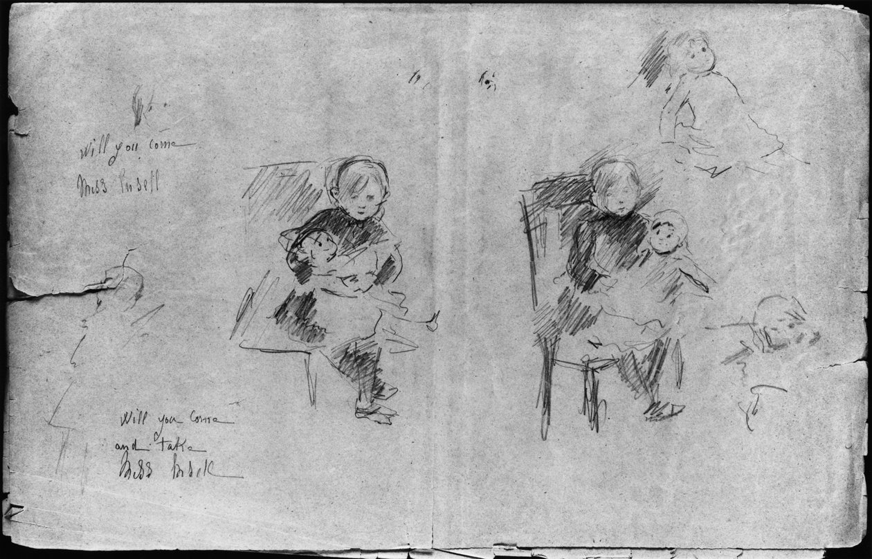 Tanulmányok: Kislány babával, 1884 (fekete ólom papíron) alkotó: Berthe Morisot
