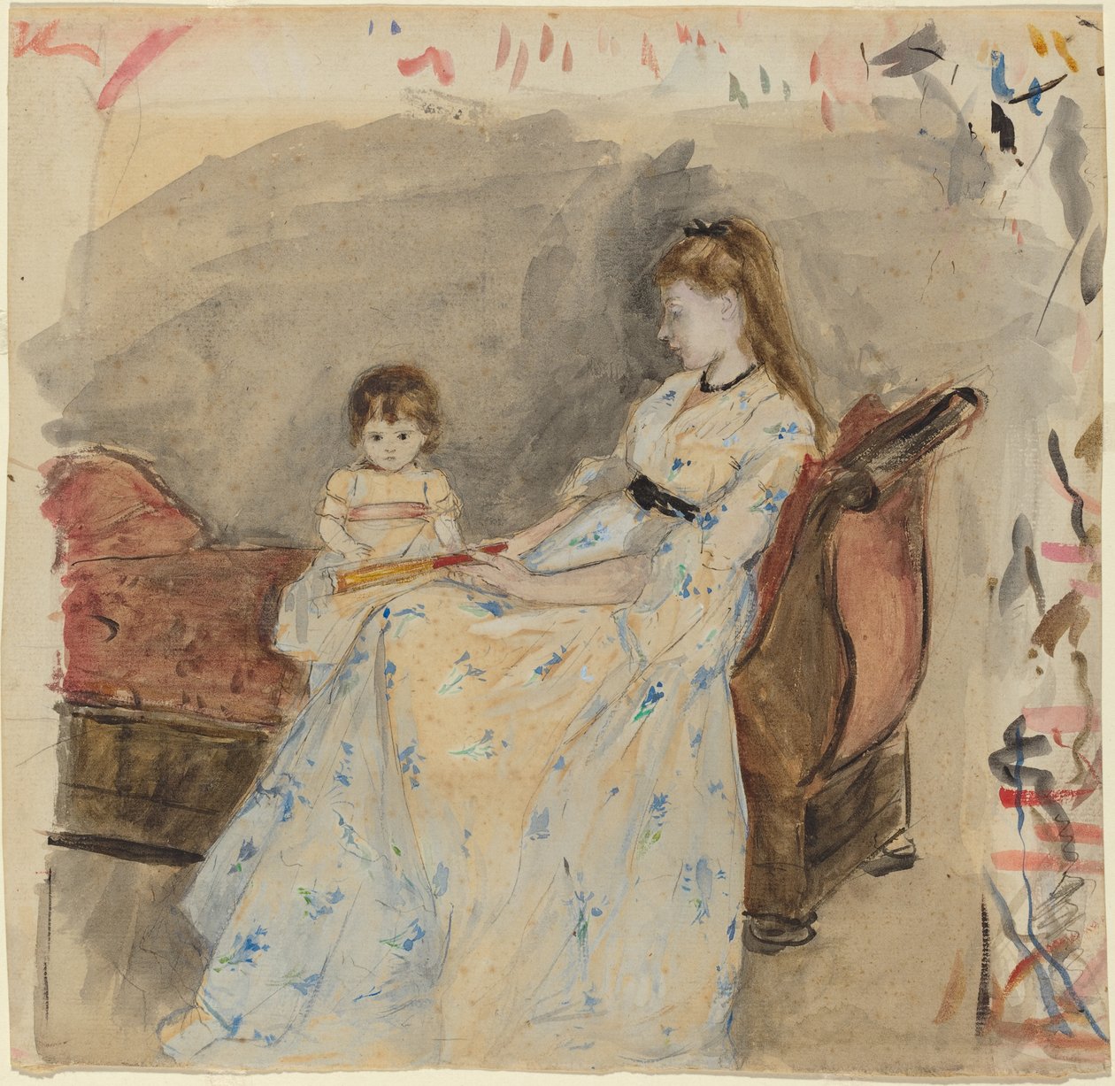 The Artists Sister, Edma, lányával, Jeanne-nel, 1872 (wc grafit fölött, papírra fektetett) alkotó: Berthe Morisot