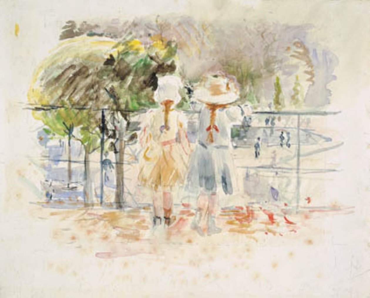 Két kislány egy balusztrádon a tó mellett a Jardin des Tuileries-ben, Párizsban alkotó: Berthe Morisot