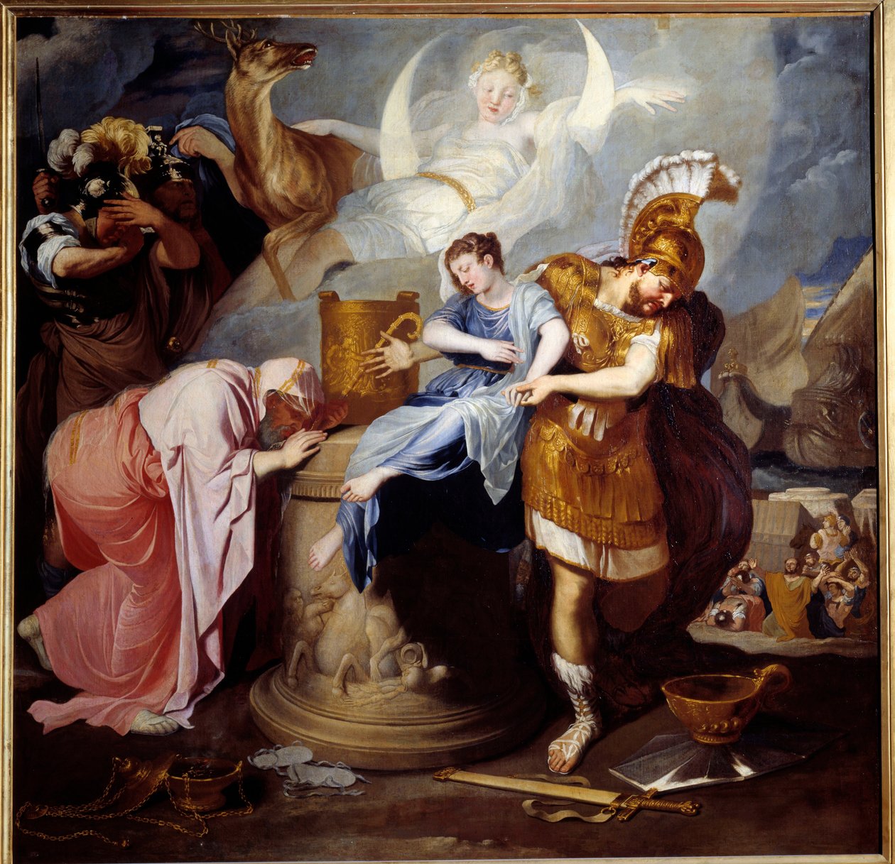 Iphigenie Agamemnon király feláldozása a lányát áldozza fel, hogy lecsillapítsa Artemisz haragját. Bertholet Flemalle (1614-1675) festménye 17. század V. 1,6x1,63 m alkotó: Bertholet Flemalle