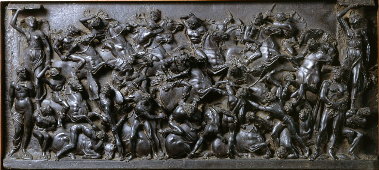Rómaiak és barbárok csata (bronz) - Rómaiak és barbárok csatája (lovasok csatája). Bertoldo di Giovanni (1420-1491) bronz domborműves harisnya alkotó: Bertoldo di Giovanni