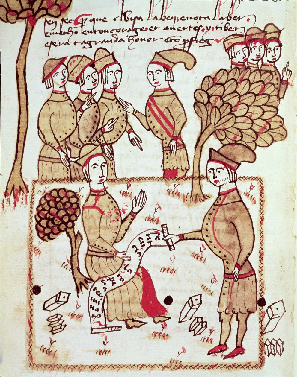 Ms 327 fol.201v Egy földmérő munkásaival, Arnaud de Villeneuve (1240-1315) „Traite d