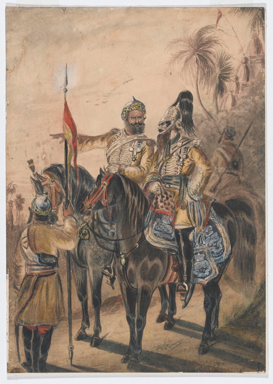 Két lovas tiszt és egy lovas sowar, 4. bengáli irreguláris lovasság, 1850 körül (akvarell) alkotó: Bethune Donald Grant