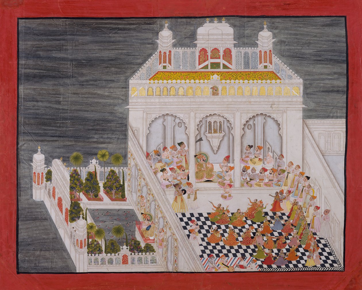 Maharana Ari Singh udvari embereivel a Jagniwas Water Palace-ban szórakoztat, 1767-ben. alkotó: Bhima