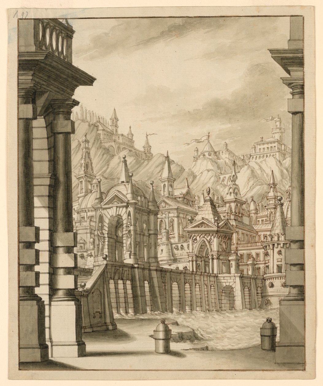 Színpadtervezés, város a dombon tornyos épületekkel alkotó: Bibiena Family, 1657