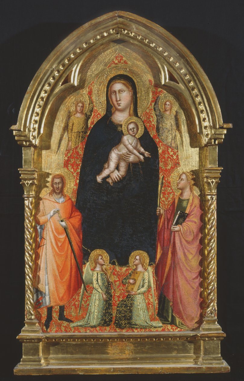 Madonna és gyermek trónoló Szent Katalin és Giuliano és Angyalok társaságában (tempera a panelen) alkotó: Bicci di Lorenzo