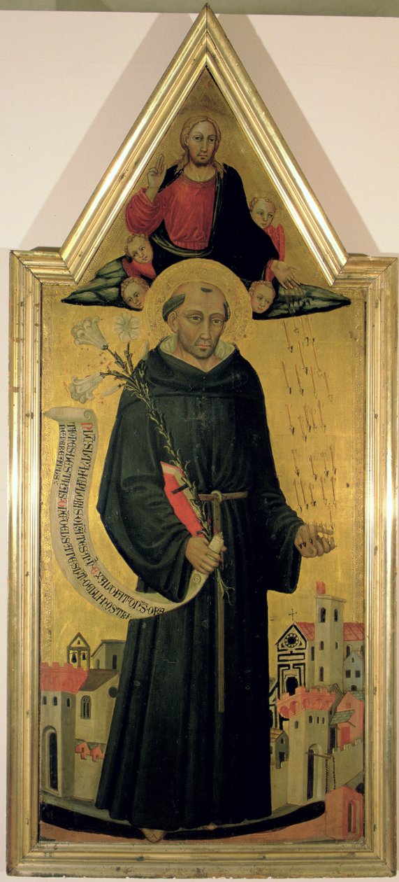Tolentinói Szent Miklós (kb. 1246-1305) Empoli védelme a pestis ellen, 1445 (tempera aranyozással a táblán) alkotó: Bicci di Lorenzo