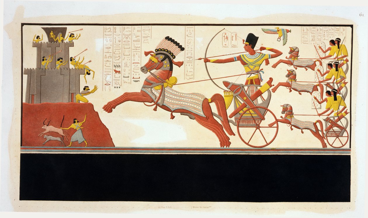 II. Ramszesz (Kr. e. 1279-13) a kádesi csatában, Muwattali, a hettiták királya seregével szemben, falfestmény II. Ramszesz templomából, Abu Simbel alkotó: Bigant and Allais
