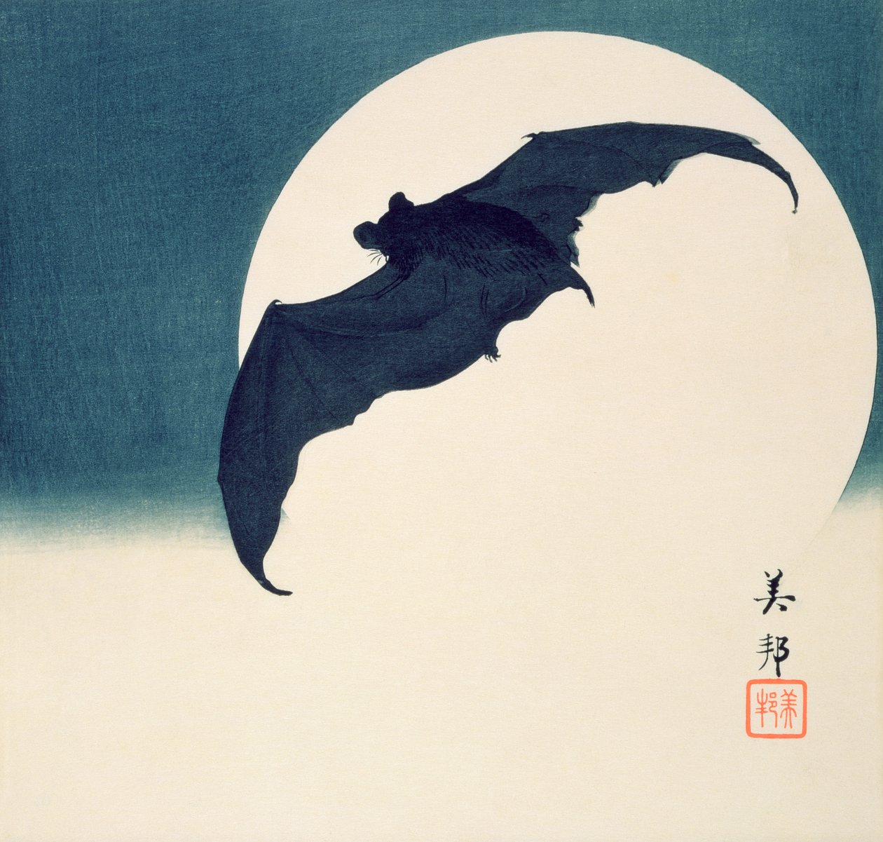 Denevér és telihold (színes fatömbnyomat) alkotó: Biho Takashi or Takahashi (b. 1873. fl 1890 1930)