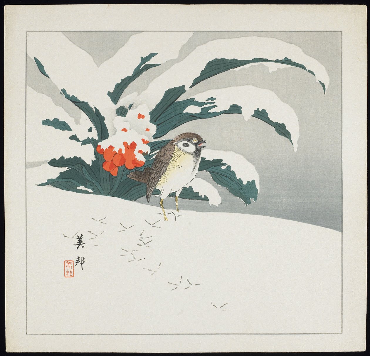 Madár a hóban, 20. század eleje alkotó: Biho Takashi or Takahashi (b. 1873. fl 1890 1930)