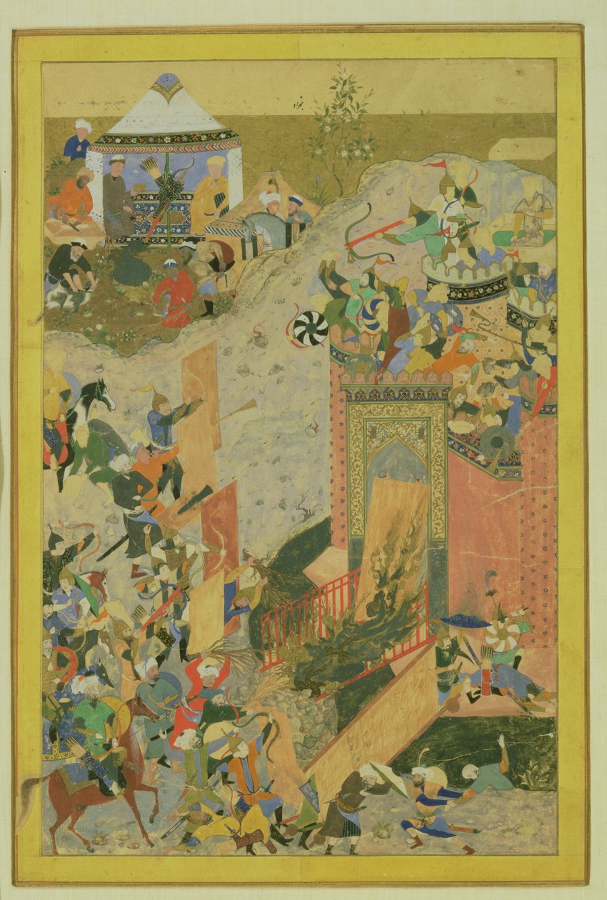 Támadás egy kastély ellen, perzsa, timurida korszak (1370-1506) 1475-1500 körül (wc és aranylevél papíron) alkotó: Bihzad attr. to Bihzad attr. to